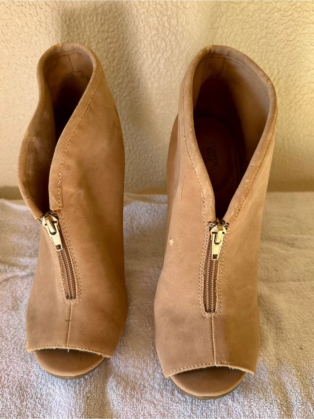 Women's Tan Suede Peep-Toe Booties with Front Zip
